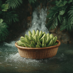 Fresh Green Bananas in a Woven Basket Surrounded by Water and Lush Foliage
