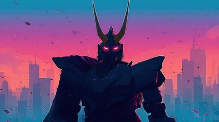 Anime inspired warrior silhouette with horns against a vibrant city backdrop at dusk