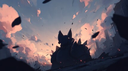 Abstract artwork of a silhouetted creature amidst a dramatic cloudy sky and debris