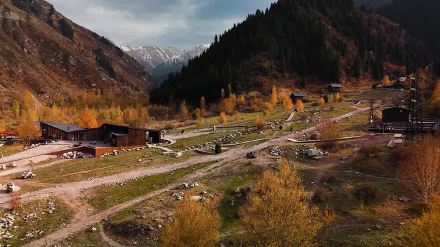 Aerial view panorama of yellow autumn forest in Almaty