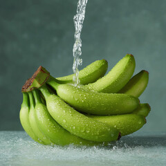 Fresh Green Bananas Under Flowing Water with Droplets on Surface