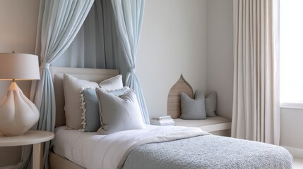 contemporary french chic kids bedroom full view, bed with light fabric draping, pale blue cushion, neutral walls, sculptural lamp, no toys