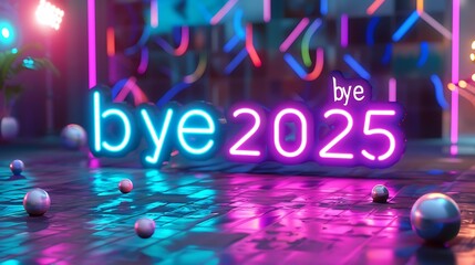 A vibrant neon sign displaying bye with bye 2025 on a reflective surface with spheres scattered around