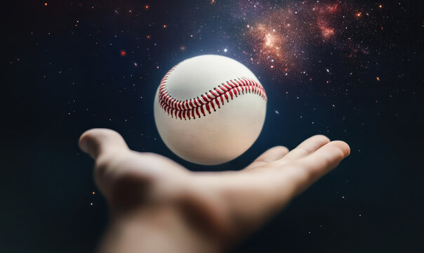 Hand extended upwards, a levitating baseball glowing softly against a dark cosmic background filled with stars and nebulae - Powered by Adobe