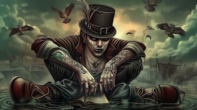 Tattooed steampunk sorcerer practicing dark magic