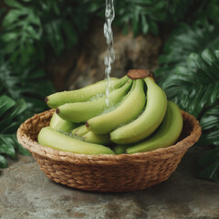 Fresh Green Bananas in a Woven Basket with Water Droplets on Tropical Background
