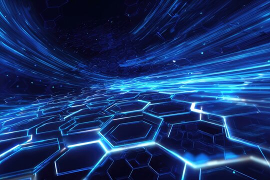 A futuristic digital landscape with glowing blue lines and hexagonal patterns