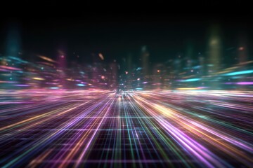 Abstract representation of a data flow with glowing, colorful lines across a grid