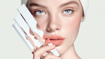 Woman holding reflective mirrors, showing self reflection, beauty, skincare, and minimalist conceptual portrait with clean glowing skin and natural makeup