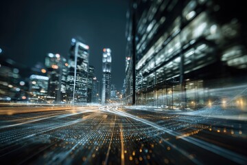 Cityscape at night, featuring a blurred foreground and illuminated skyscrapers in the background