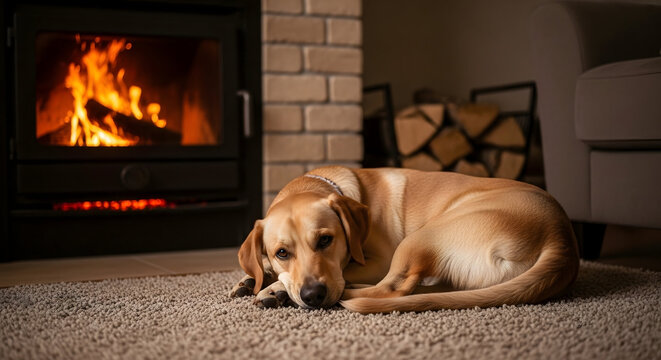 Cozy Comfort by the Fire: A serene moment captured as a golden retriever relaxes contentedly on a soft rug, basking in the warmth emanating from a crackling fireplace. - Powered by Adobe