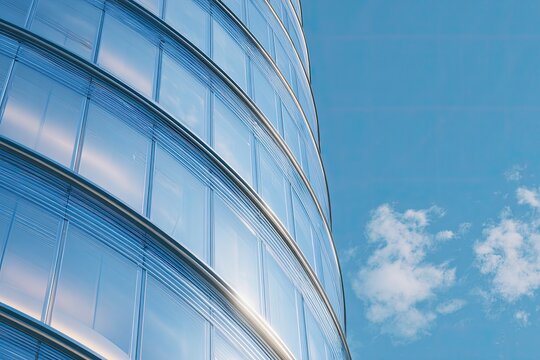 A glass skyscraper's curved facade reflected in a clear blue sky, offering a modern architectural perspective
