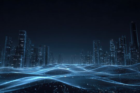 Digital depiction of a futuristic city, featuring glowing buildings & an undulating data network