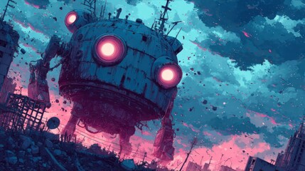 Large robot rises over destroyed landscape amidst stormy skies digital illustration