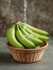 Fresh Green Bananas in Basket with Water Splashing from Above High-Quality Image