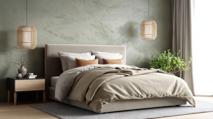 modern contemporary boho bedroom full view, tall upholstered headboard, dusty olive plaster wall, matte bedding, soft warm side light