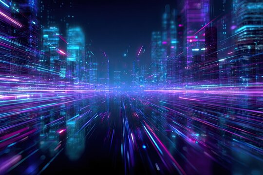 Digital cityscape with glowing lines representing data flow and modern structures in shades of purple and blue