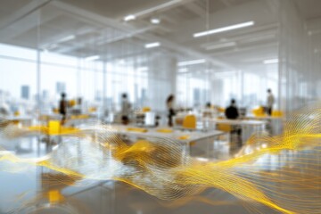 Modern office scene with blurred figures, light, and yellow accents. Geometric lines overlay