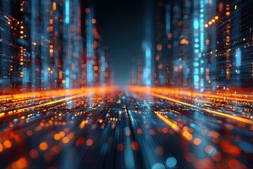 A futuristic cityscape with glowing lights, blurred bokeh effect, abstract lines, and a dark background