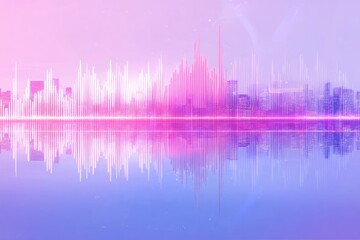A colorful cityscape reflecting in water, overlaid with a digital soundwave visualizer