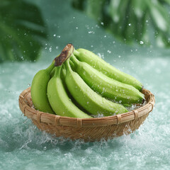 Fresh Green Bananas in a Woven Basket Surrounded by Water Splash on Green Background