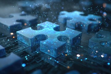 Obraz premium Abstract image showing several three-dimensional puzzle pieces with glowing blue light effects