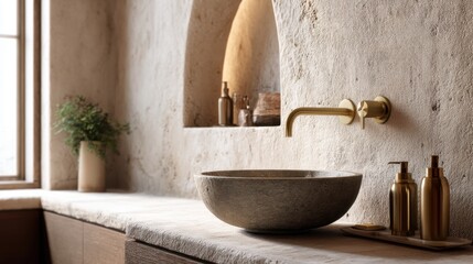 ordered maximalist bathroom full view, textured plaster wall, round stone sink, brushed brass taps, wall niche with warm light, cinematic focus