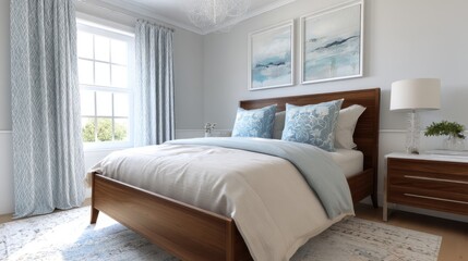 Fototapeta premium ordered maximalist bedroom full view, chalk white wall, light blue pillows, walnut bed frame, linen bedding, gentle daylight from window