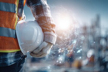 Construction worker holding helmet, with a digital overlay and buildings in the background