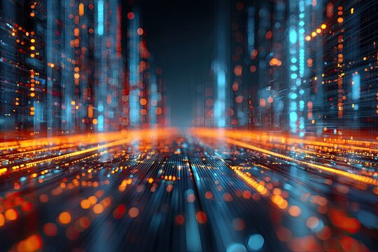 A futuristic cityscape with glowing lights, blurred bokeh effect, abstract lines, and a dark background - Powered by Adobe