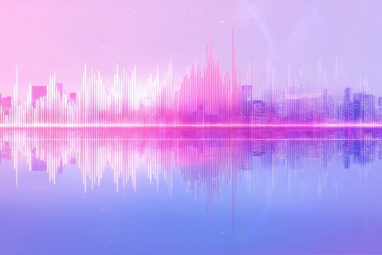A colorful cityscape reflecting in water, overlaid with a digital soundwave visualizer