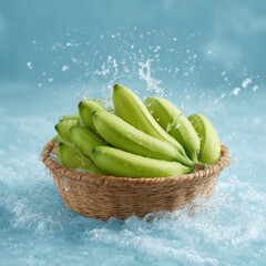 Fresh Green Bananas in a Woven Basket with Splashing Water on a Blue Background