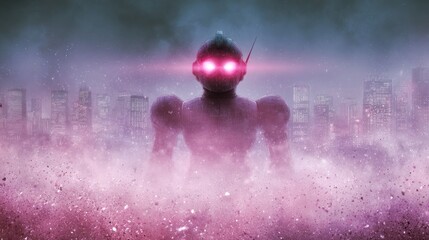 A futuristic humanoid figure with glowing eyes emerges from a cloud of pink particles