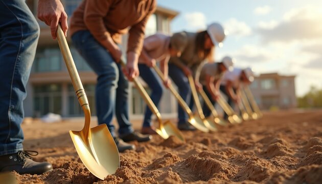 Group of people in casual wear break ground with golden shovels at construction site. They start new building project with dirt and sand. Event signifies commencement of development.