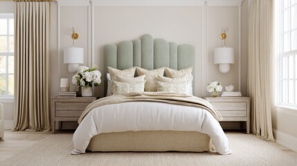 sage cream neoclassic bedroom, scallop sage velvet headboard, cream linen, silk drapes, brass bedside lamps, morning light, DOF