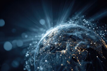 Digital rendering depicting Earth with light networks, emanating lines, and a glowing city backdrop