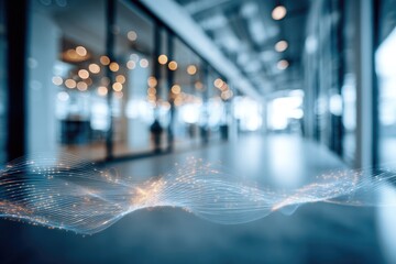 Modern office interior hallway blurred background with digital wave overlay