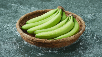 Fresh Green Bananas in a Natural Woven Basket Surrounded by Water Splashes