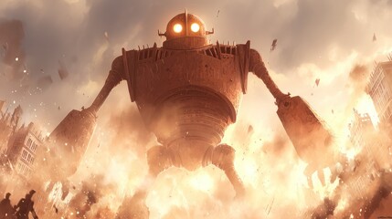 A large metal robot stands amidst flames and debris with a city in the background