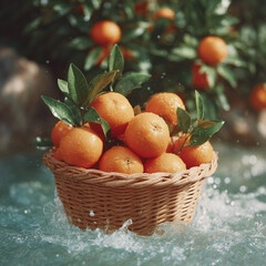 Fresh Oranges in a Basket Surrounded by Water in a Vibrant Natural Setting