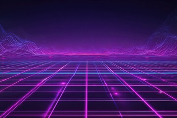 Retro-styled digital landscape with glowing grid floor and wavy lines