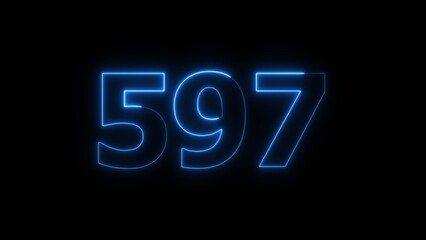 Abstract beautiful blue neon 597 number illustration background. Glowing neon countdown number icon background 4k.