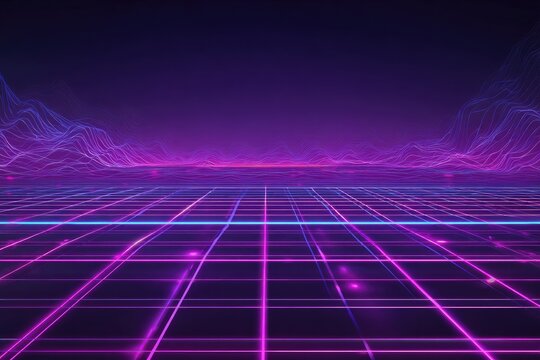 Retro-styled digital landscape with glowing grid floor and wavy lines