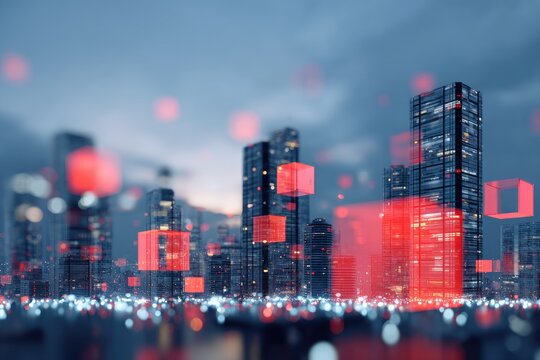 A futuristic cityscape displays digital data floating in a twilight sky, highlighting smart city tech