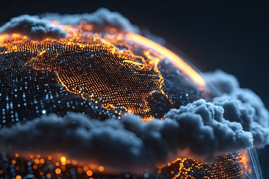 Illuminated globe with digital network grid under dynamic fluffy clouds, vibrant dark background