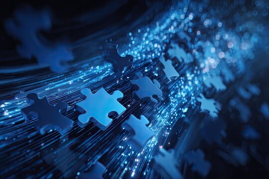 Blue puzzle pieces floating amidst glowing fiber optic strands, suggesting complex connections