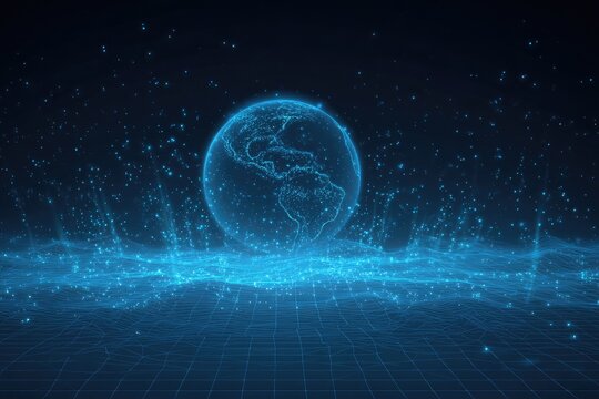 Digital rendering of a luminous globe suspended in a grid, surrounded by particles in a blue space
