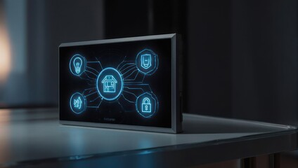 A sleek, digital home automation panel displays connected smart home features with glowing icons