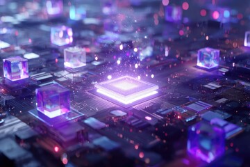 Futuristic digital artwork featuring glowing purple and blue cubes and circuit board elements