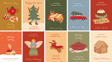 Christmas  card set - Holidays flyers. Christmas prints, Lettering with Christmas and New Year decorative elements. Vector illustration.